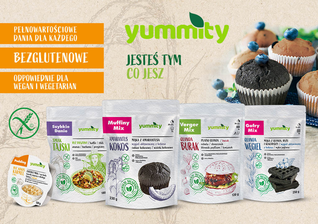 Bezglutenowe produkty Yummity ze znakiem Przekreślonego Kłosa