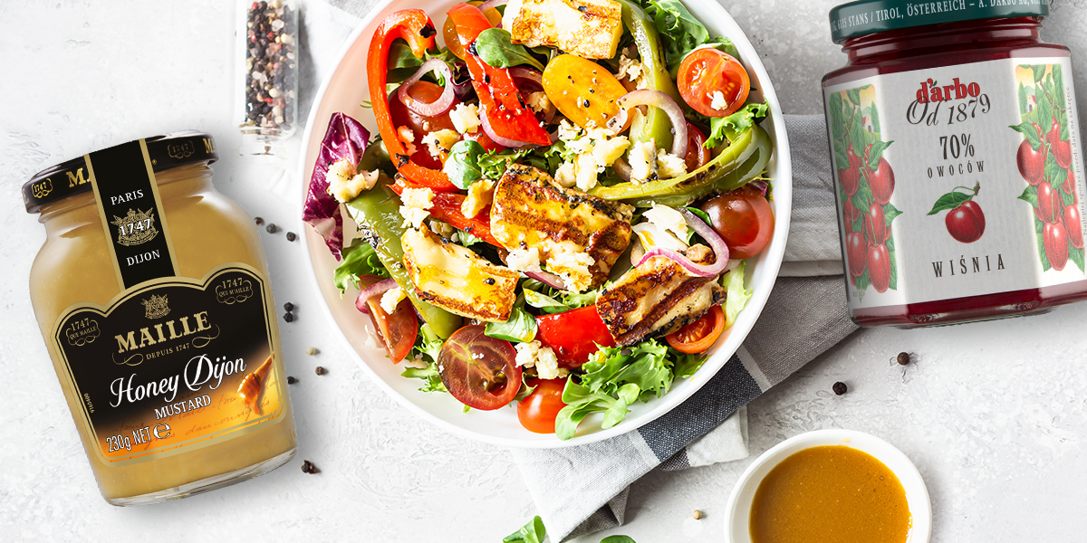 Grillowany ser halloumi z musztardą miodową Maille i dżemem wiśniowym Darbo