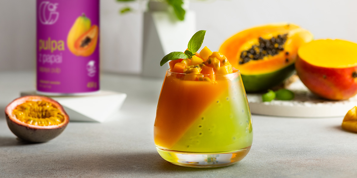 Galaretka kiwi z nasionami chia, musem z papai i świeżą marakują Quality Food
