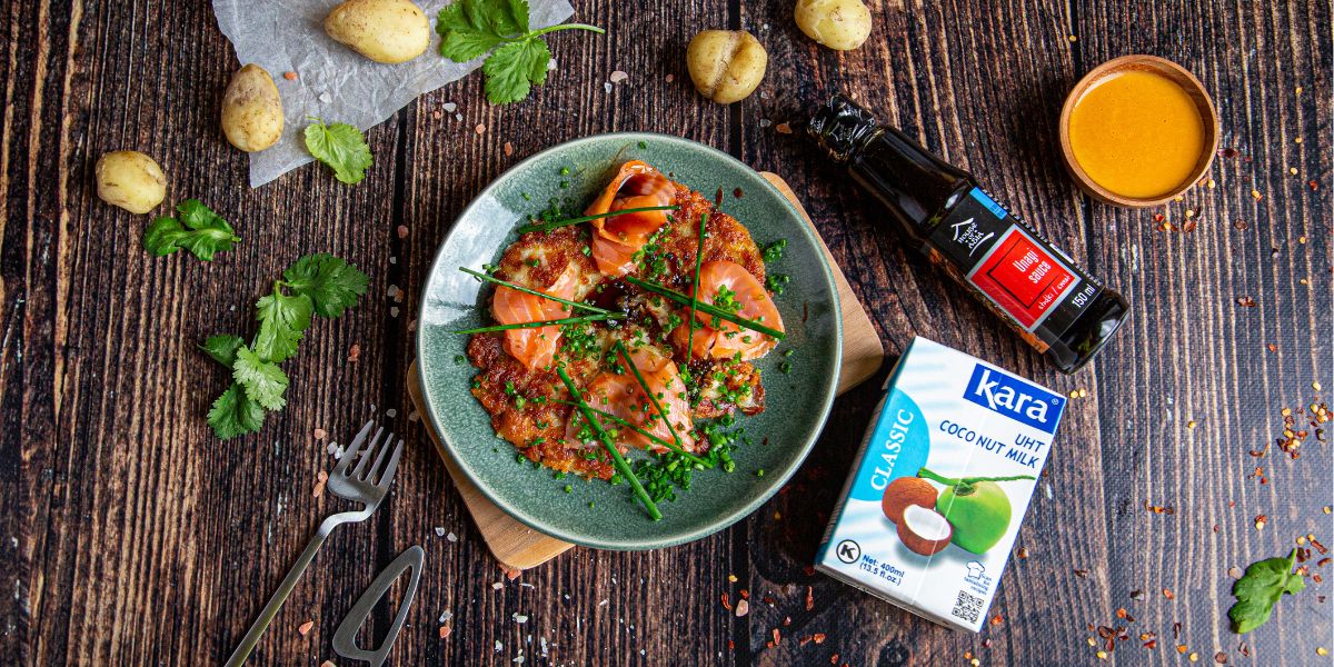 Placki ziemniaczane z łososiem i sosem Unagi House of Asia