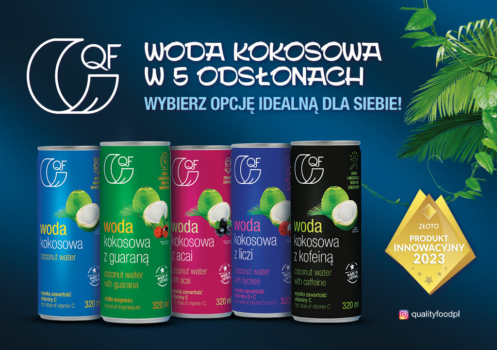 Mamy ogromną przyjemność poinformować, że nasze wody kokosowe marki QF Quality Food zdobyły główną nagrodę w 5 edycji konkursu „Złote Innowacje FMCG & Retail 2023” jako ODPOWIEDŹ NA POTRZEBY w kategorii: Wody, napoje i soki.