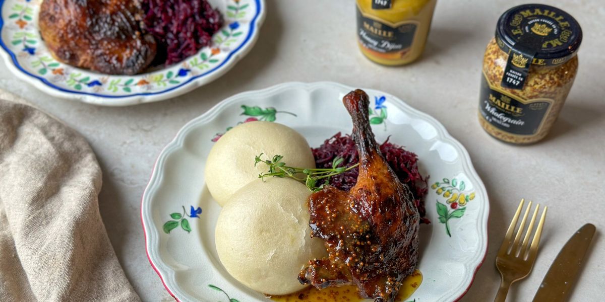 Udko z kaczki z sosem miodowo-musztardowym i z musztardową marynatą